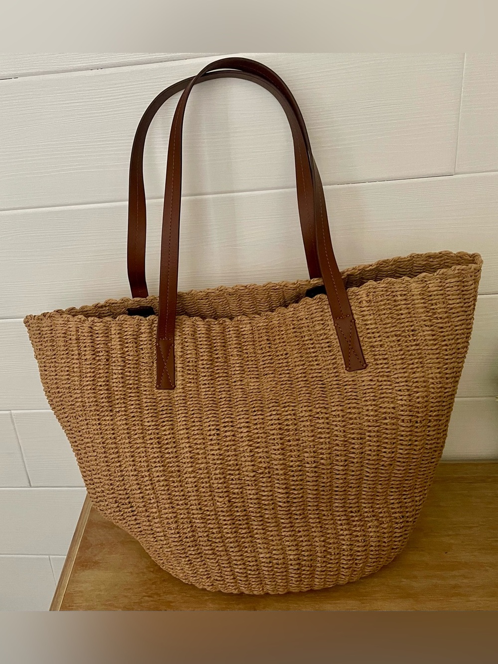 J. Crew Woven Straw Tote with Brown Leather Handles